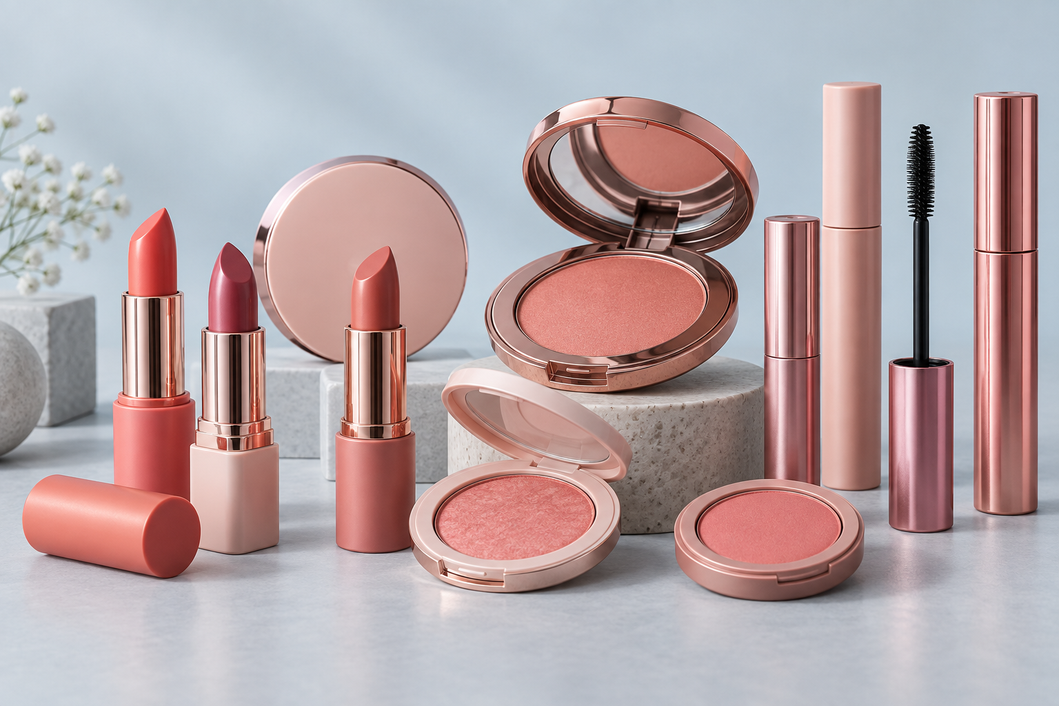 Color cosmetics packaging with lipsticks, compacts and mascara tubes