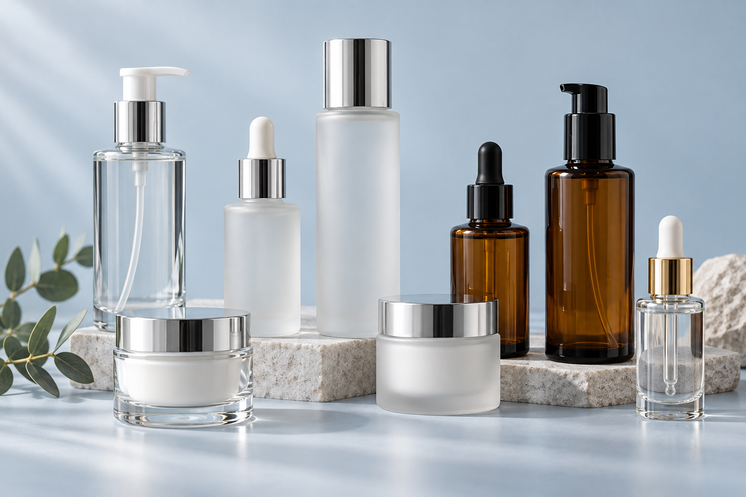 Premium cosmetic glass bottles, jars and droppers