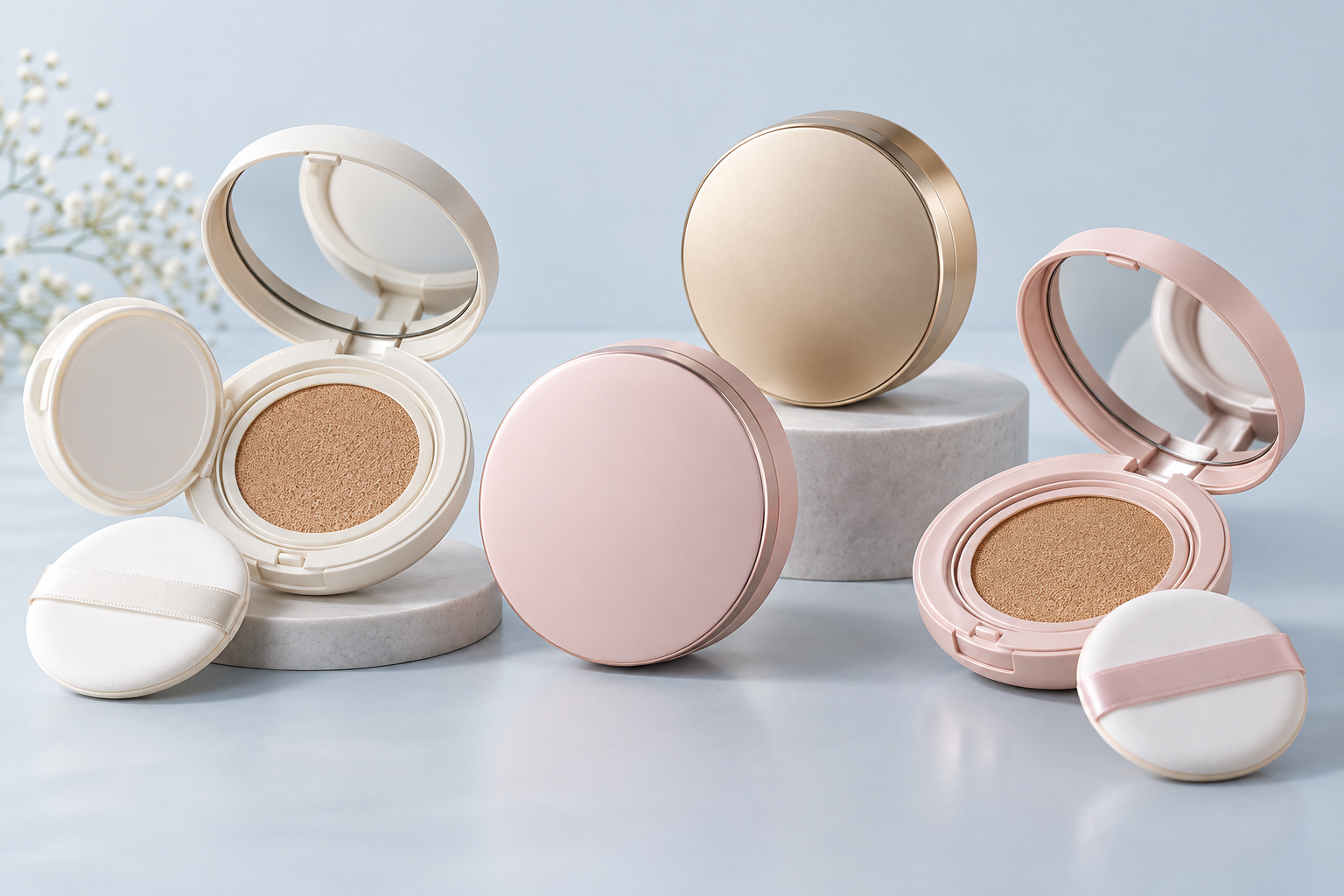 Cosmetic cushion compacts with puff applicators