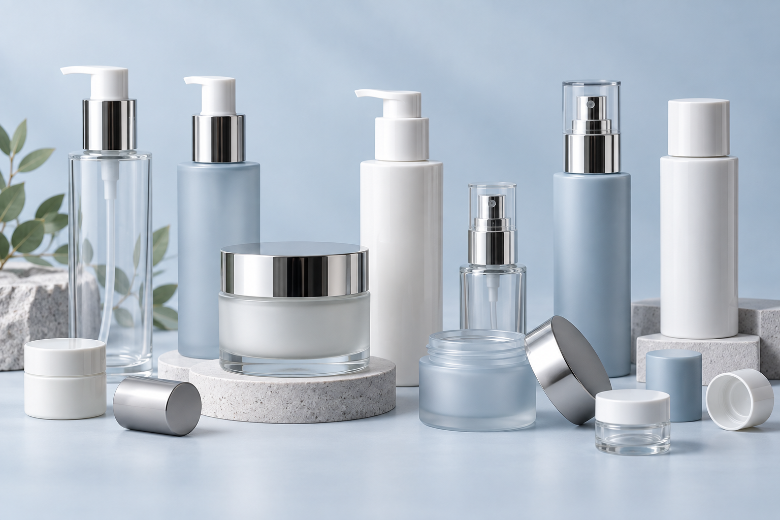 Cosmetic packaging components including pumps, jars and caps