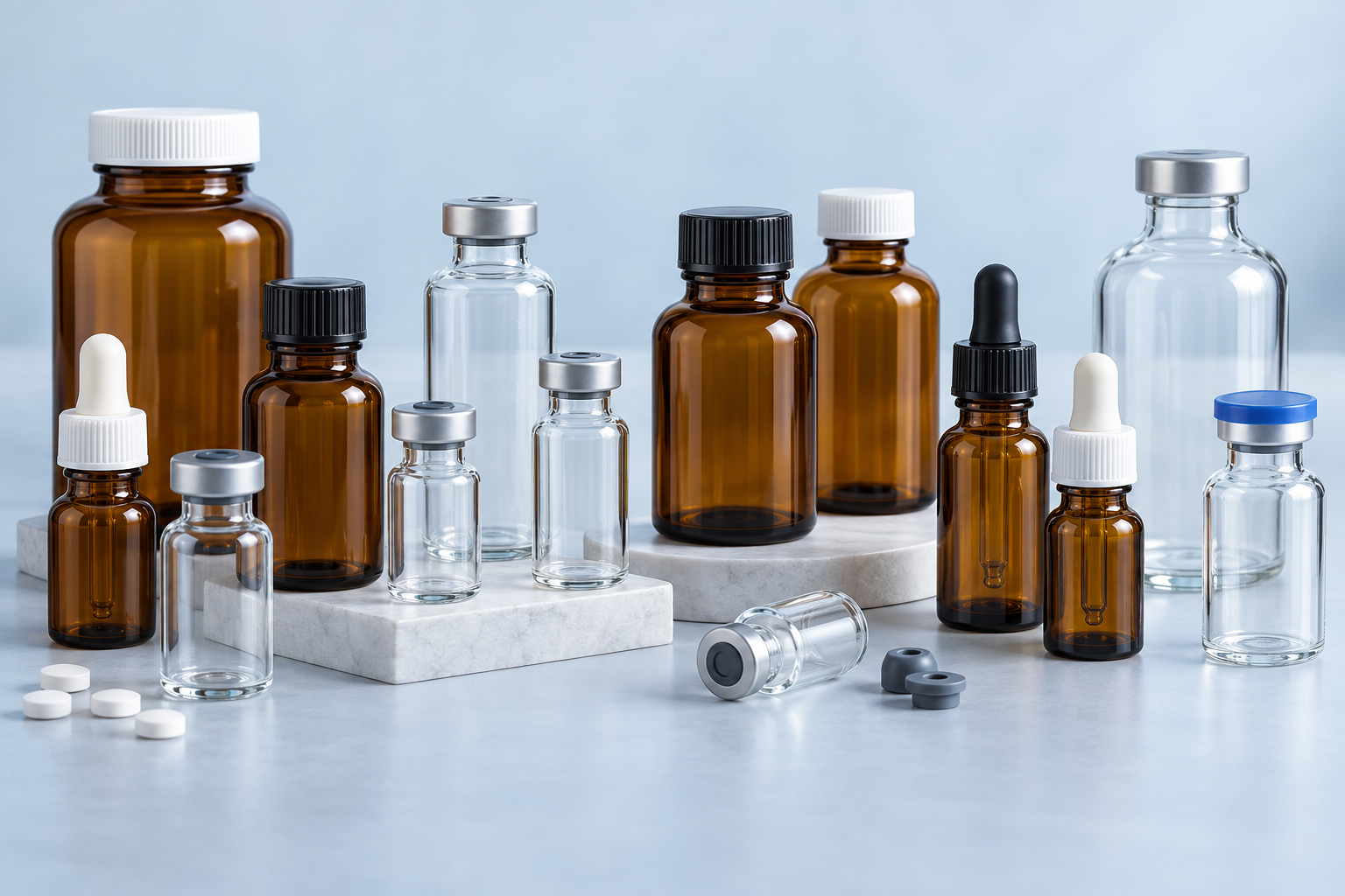 Amber and clear pharmaceutical glass bottles and vials